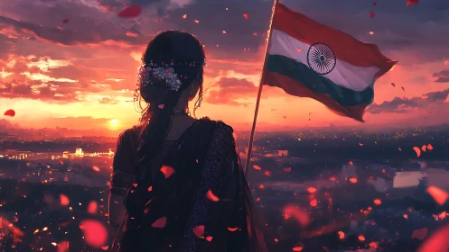 Backlit Indian tricolor study with atmospheric city skyline.