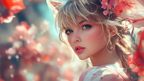 High-fidelity anime portrait amid chromatic floral bokeh.