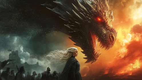 Dragon’s fiery gaze guards a calm queen amid stormy skies