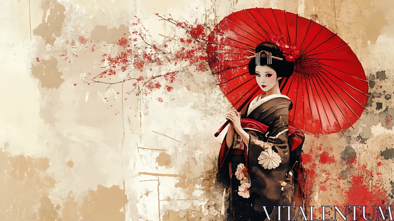 Geisha stands with red parasol against textured abstract wall