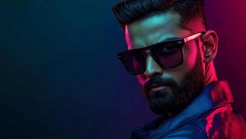 Moody neon portrait highlights angular features and style.
