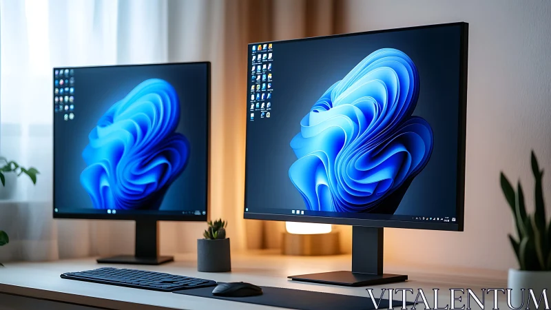 Dual ultrawide monitors display abstract OS interface in studio