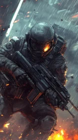 Armored sci fi soldier advances through rain and urban fire