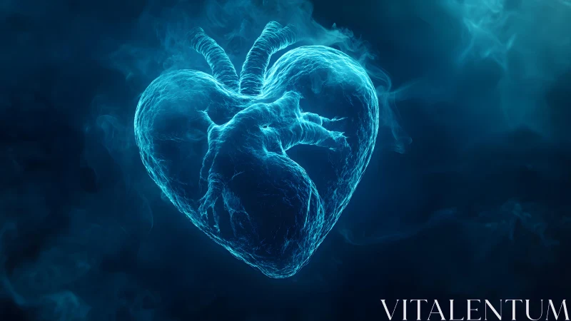 Glowing Anatomical Heart in Blue Mist, Digital Art Illustration.