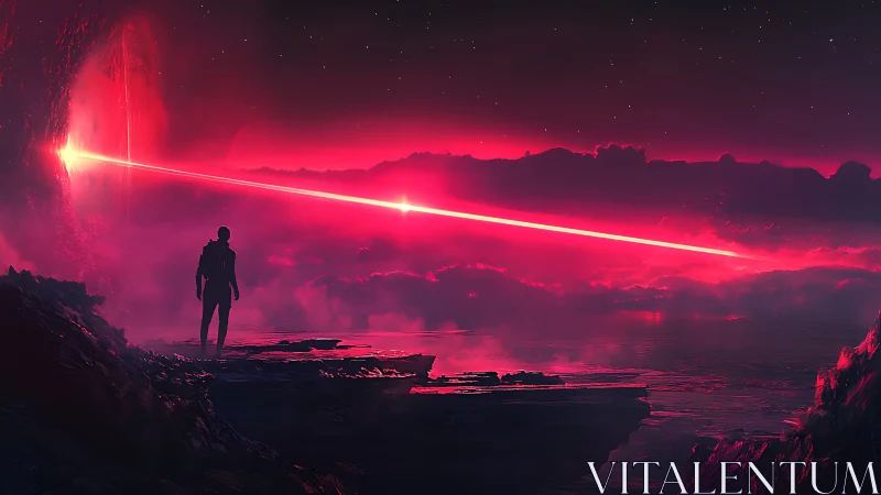 Crimson horizon carves a laser path for a lone explorer