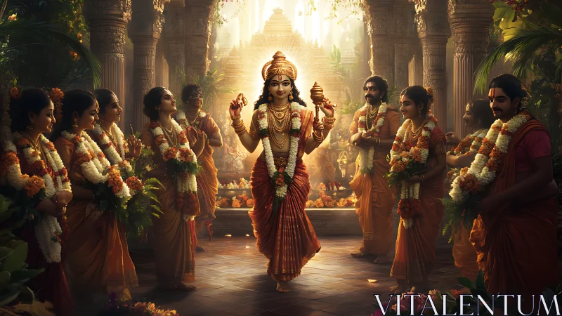 Hindu temple procession with central deity figure and devotees.