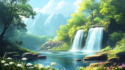 Sunlit twin waterfall fills tranquil forest mountain valley