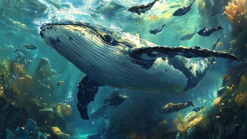 Whale choir drifts through sunlit coral cathedrals below