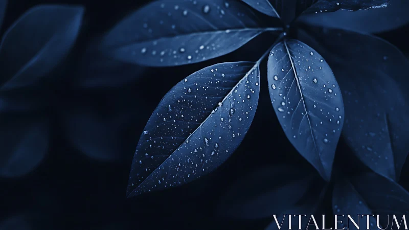 Midnight leaves hold silver raindrops in soft focus.