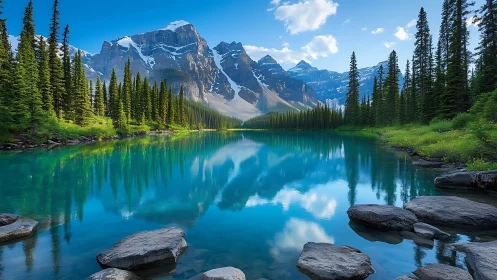 Turquoise mountain mirror cradled by pine-walled valley.