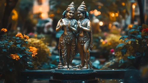 Golden divine couple statues in glowing garden setting.
