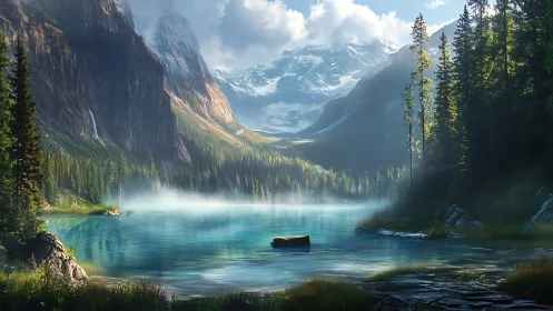 Emerald mist lake cradled by towering pines and silent peaks.