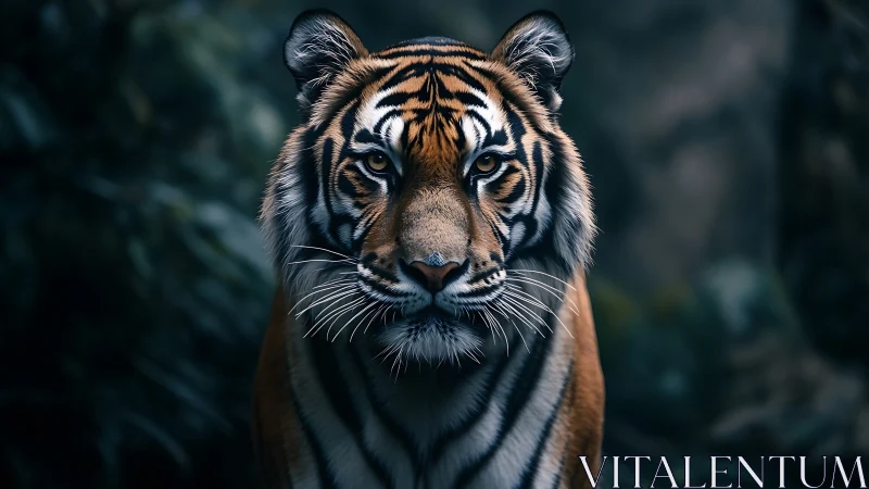 Tiger portrait under moody forest light at dusk.