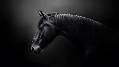 Profile study of dark horse head on black ground.