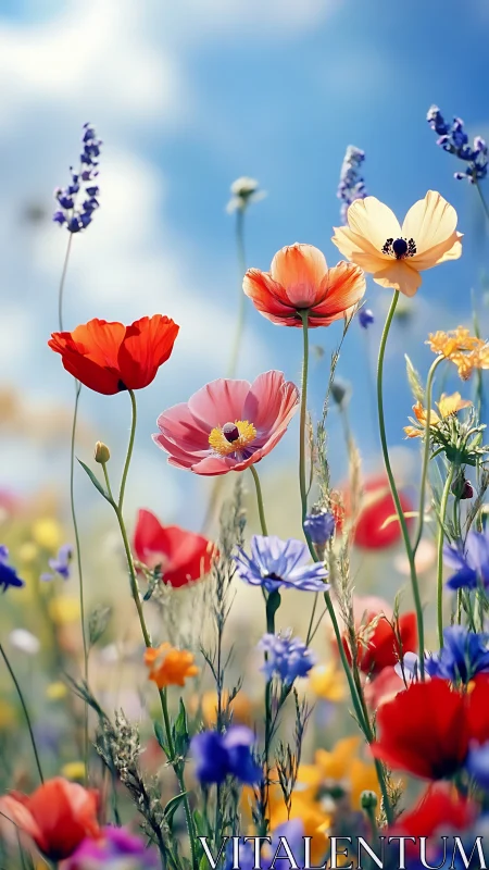 Vibrant wildflower meadow blooms under brilliant blue sky