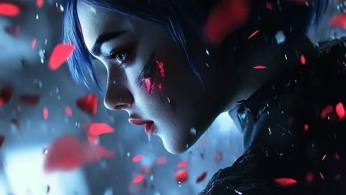 Blue haired woman in profile surrounded by drifting petals