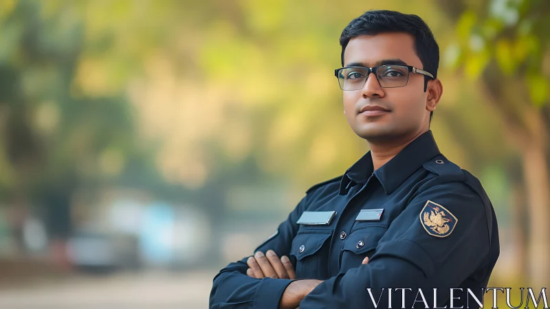 Confident young security officer stands poised in soft daylight