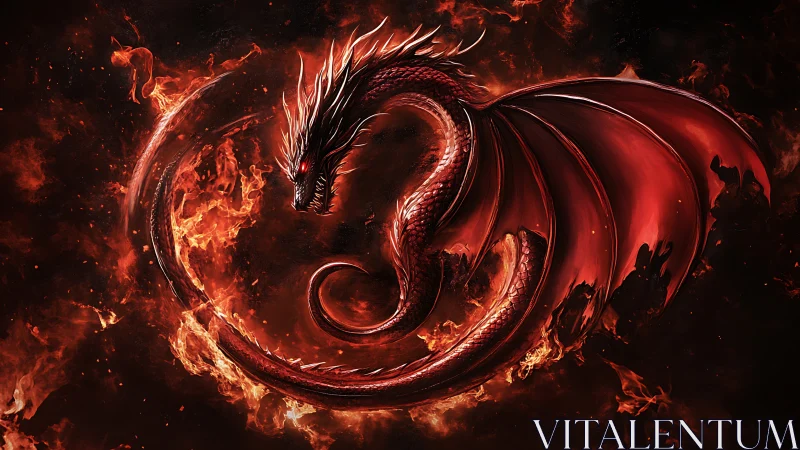 Coiled crimson dragon forms a fiery circular vortex in darkness