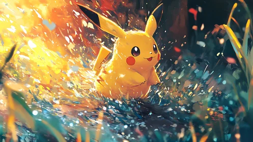 Joyful electric creature dashes through glowing forest light