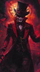 Top-hatted figure stands before illuminated clockface