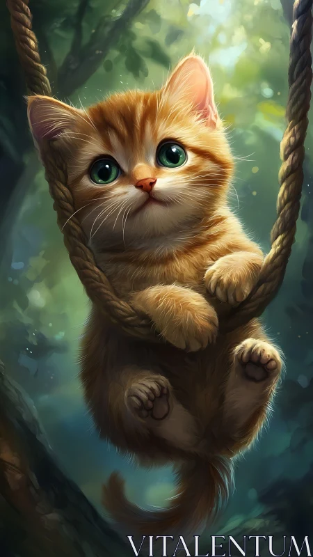 Ginger kitten grips forest rope swing in soft glowing light.