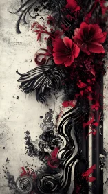 Crimson blooms collide with monochrome swirls in vivid chaos.