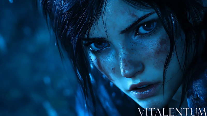 Cinematic blue-lit heroine portrait with hyperreal shaders.