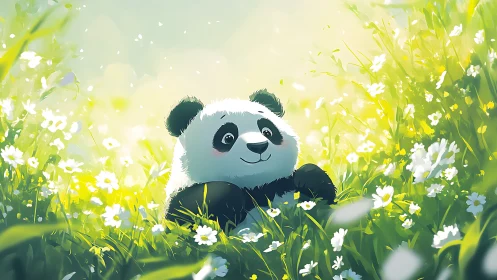 Playful panda nestled in luminous wildflower meadow scene.