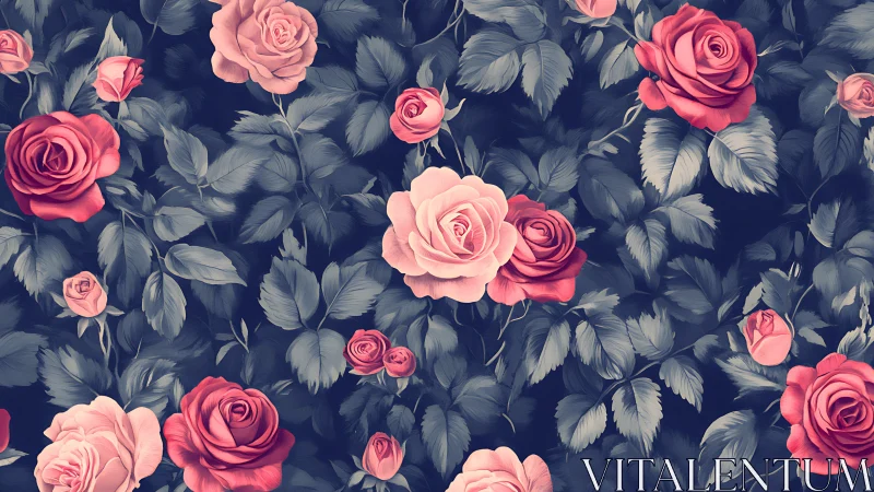 Floral Pattern: Pink Roses Against Dark Navy Background.