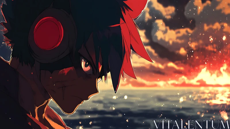 Determined anime hero in headphones against burning sunset.