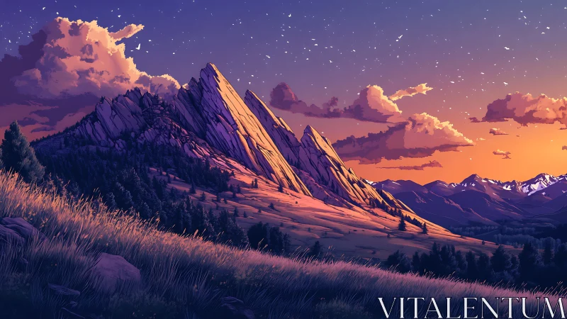 Sunset mountain ridge over glowing alpine valley scene.