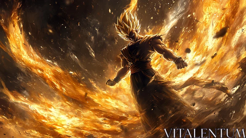 Superpowered warrior amid radial inferno with dynamic lighting