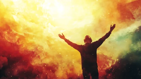 Silhouette embraces radiant celestial light in diffuse nebula field