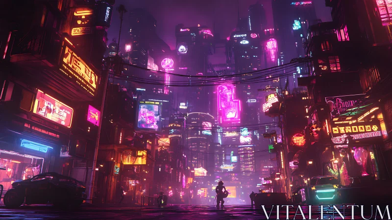 Neon canyons swallow a lone wanderer in electric dusk