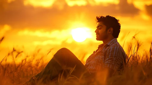 Sunset contemplation in a golden field of tall grasses.