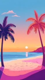 Vibrant tropical beach sunset with palm silhouettes.