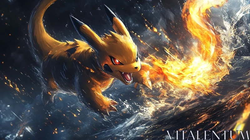 Fire creature unleashes blazing spiral across dark sea.