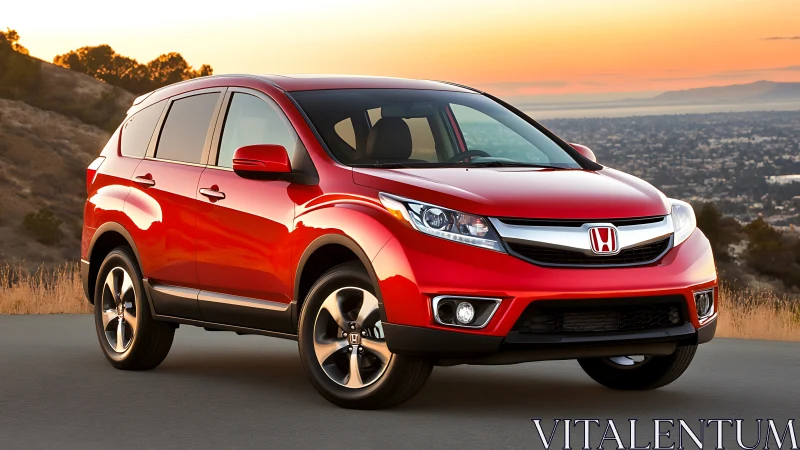 Red Honda SUV parked on roadside at sunset landscape.