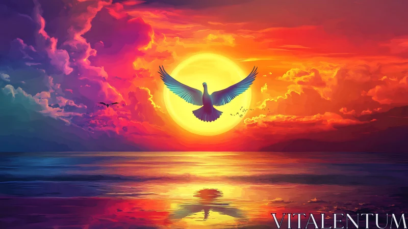 Radiant dove ascending before luminous ocean sunset.