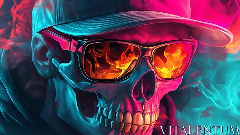 Neon skull portrait with flaming lenses and split lighting.