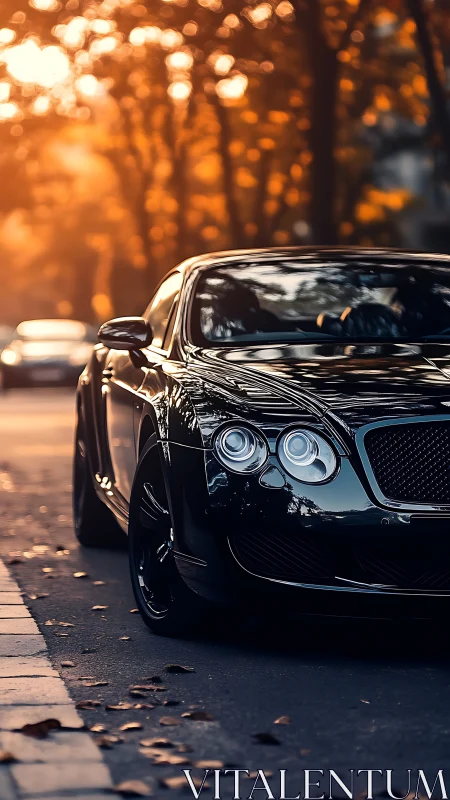Black coupe parked on urban street at sunset with bokeh.