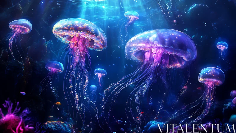 Bioluminescent jellyfish drift through neon-lit abyssal reef.
