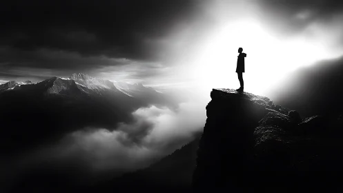 Solitary figure stands on cliff edge above mist-filled mountains