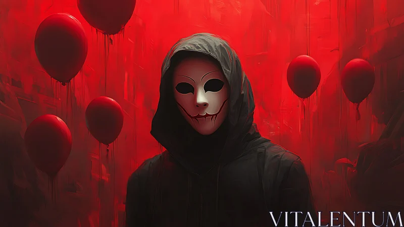 Hooded figure in smiling mask dominates crimson balloon field