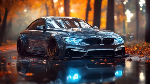 Lowered silver coupe slicing through glowing autumn streets.