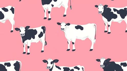 Playful black and white cows stand against bright pink backdrop