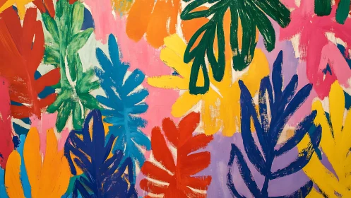 Overlapping flat foliage silhouettes use saturated acrylic color geometry