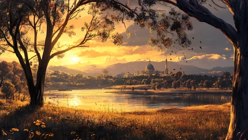 Sunlit riverside framing domed city under golden sky.