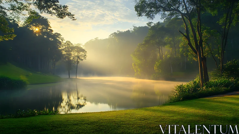 Serene misty lakeside at sunrise with glowing forest reflections.