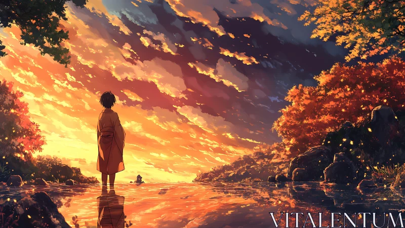 Sunset river reflection with lone figure in autumn glow.